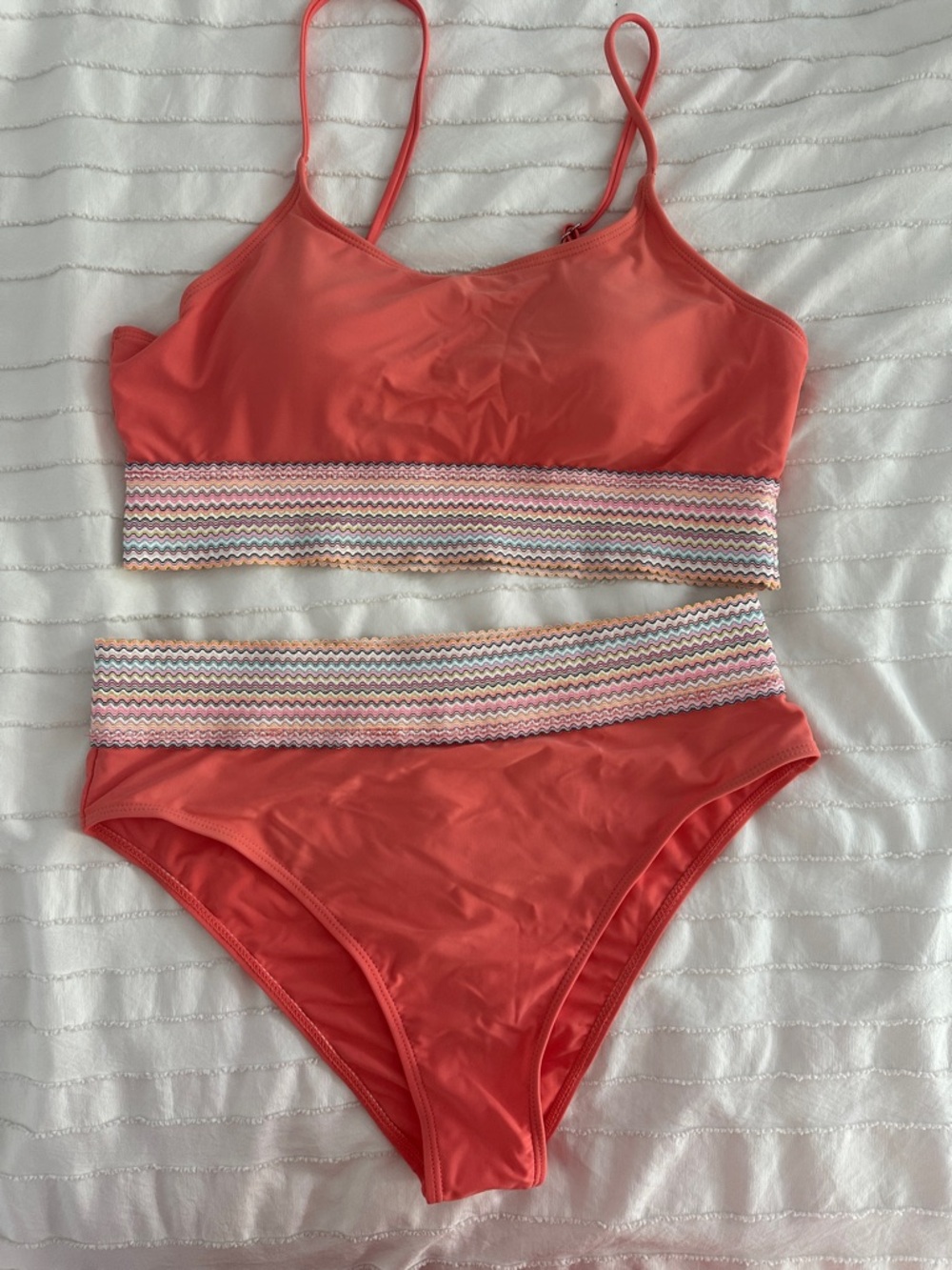 SHEIN Coral Two-Piece Bikini with Striped Band